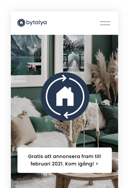 En printscreen på Bytalya. Föreställer ett vardagsrum med en husikon i mitten av bilden. På bilden står det även "Gratis att annonsera fram till februari 2021. Kom ihåg".